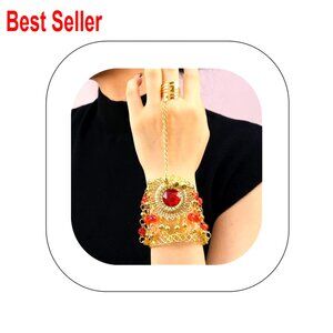 Adjustable Open Cuff Slave Bracelet with Finger Ring, Alloy, Gold-Plated